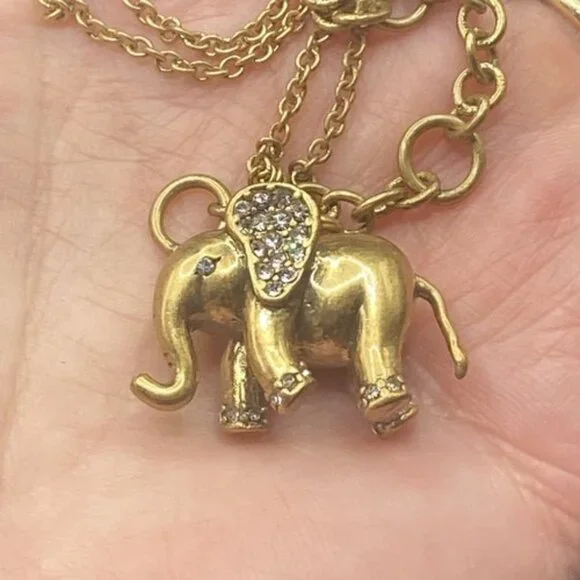 Signed J.Crew  Necklace Gold-Tone Rhinestone Elephant Trunk Up Pendant 28 +3" - Picture 11 of 13